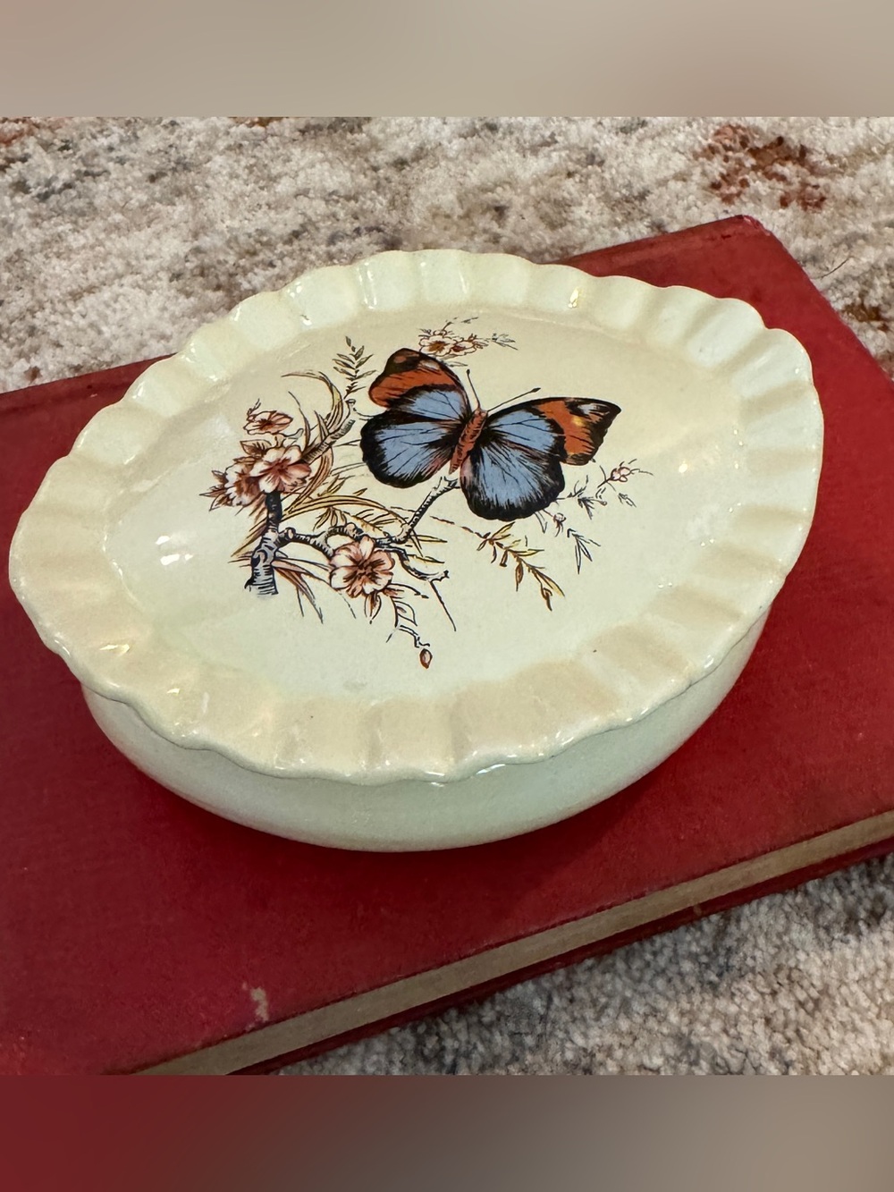 Butterfly Floral Ceramic Trinket Dish - Cream with Blue & Orange Detail